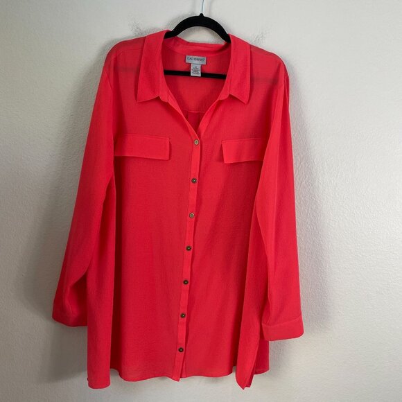Catherines Womens Plus 2X Coral Button Up Blouse Roll Tab Sleeve Pocket Shirt - Picture 6 of 11